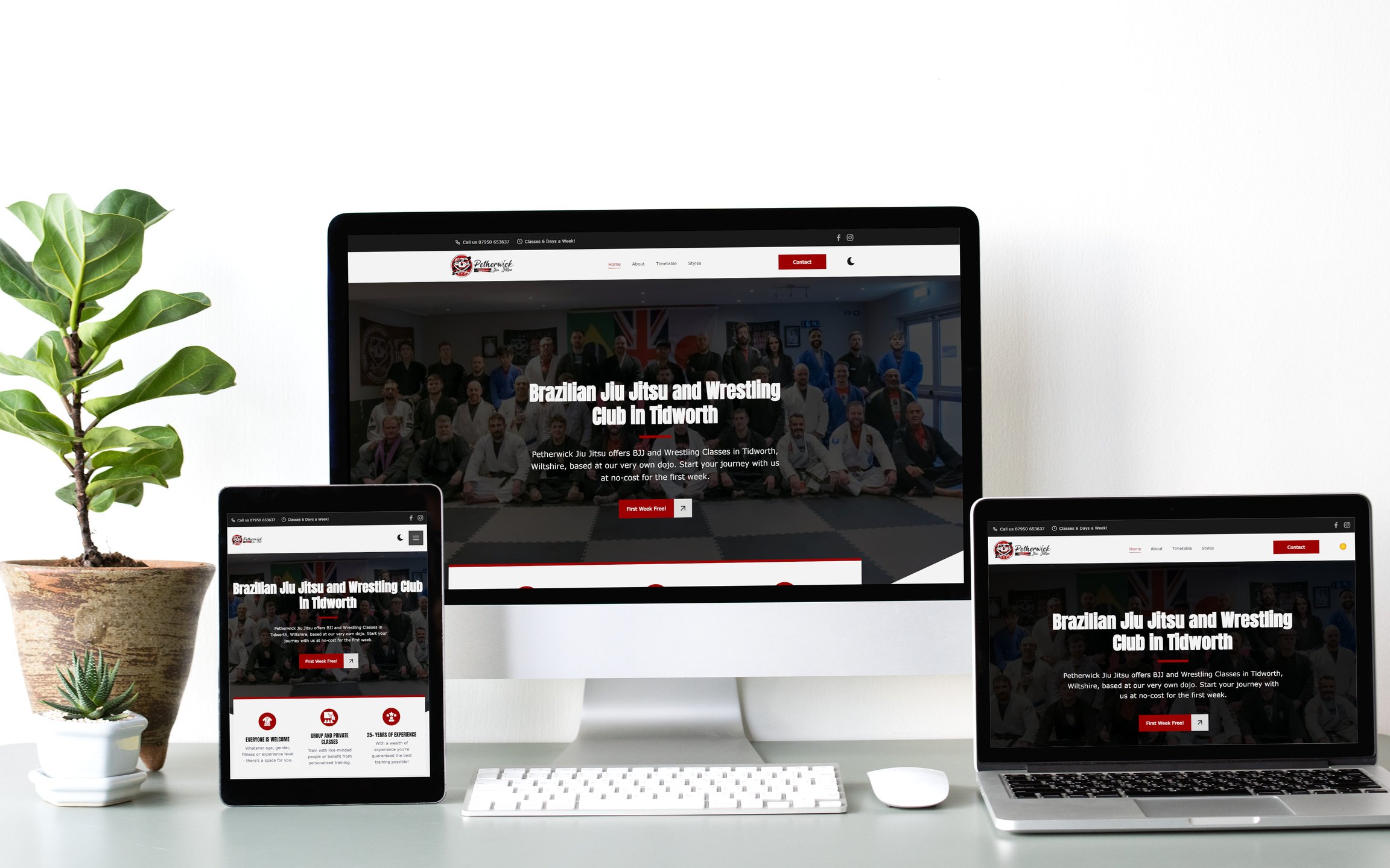 A responsive web design mockup of Petherwick Jiu-Jitsu's website