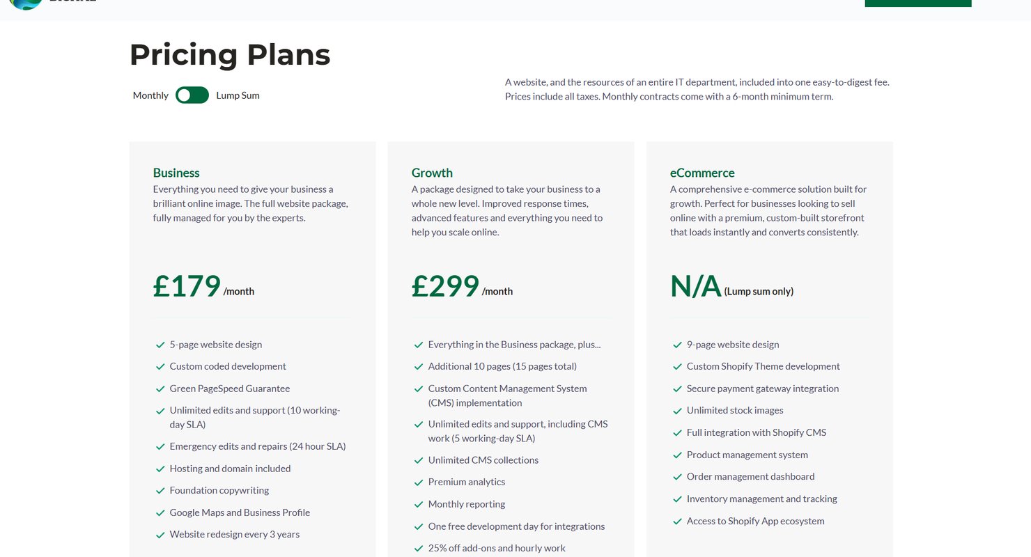 A picture of our pricing plan options: £179 per month for our business package. £299 per month for our Growth package. You can find our pricing on testvalleydigital.com/pricing.